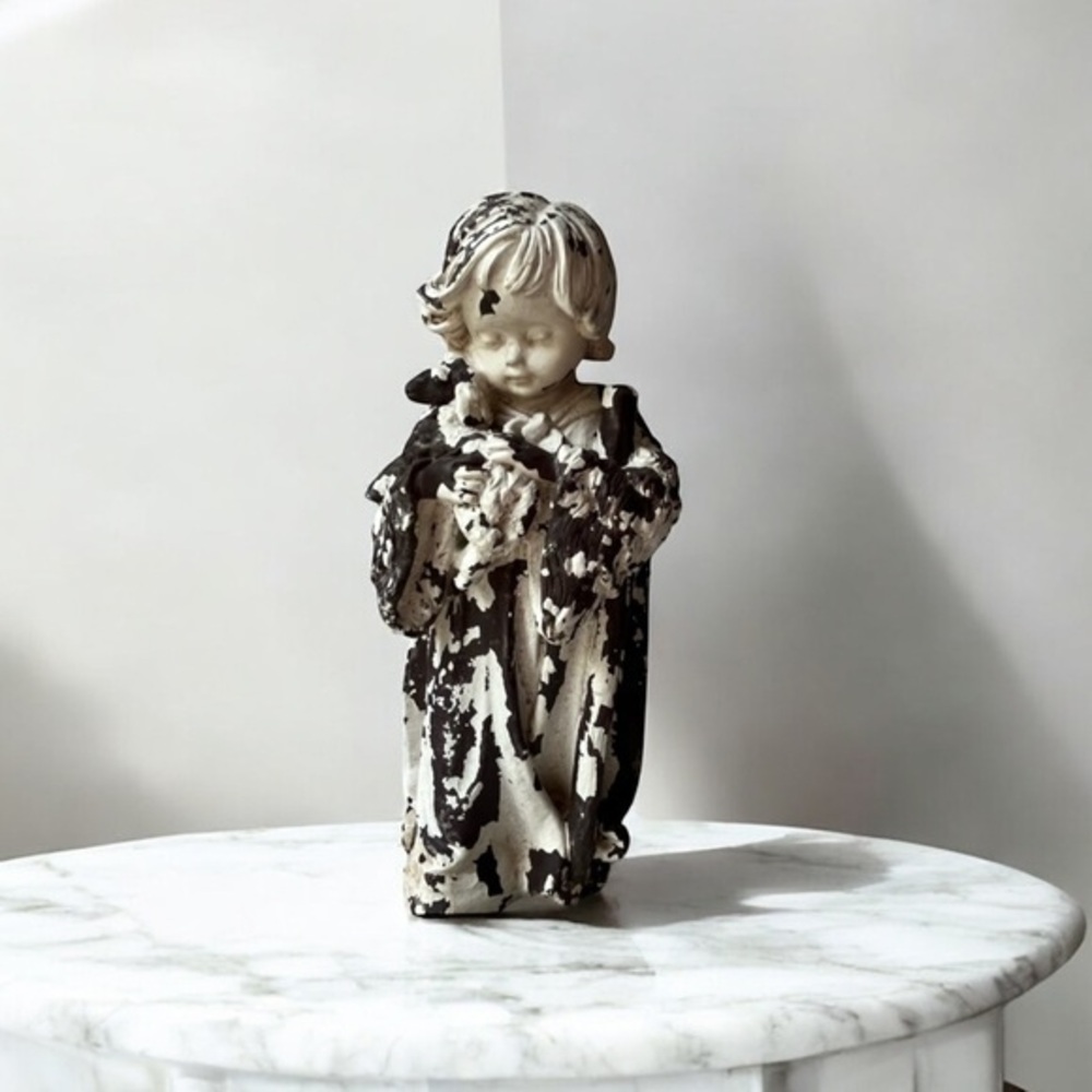 Charming brown and White  boy Figurine,sculpture. Distressed sculpture 12”